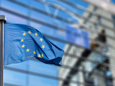 The European Union flag is seen in front of the European Parliament in Brussels.