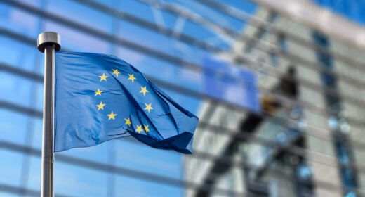 The European Union flag is seen in front of the European Parliament in Brussels.