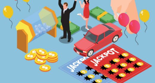 An illustration of lottery winners features two people with their arms raised in victory, lottery scratch-off tickets, a lottery ball machine, cash, coins, a car, and balloons.