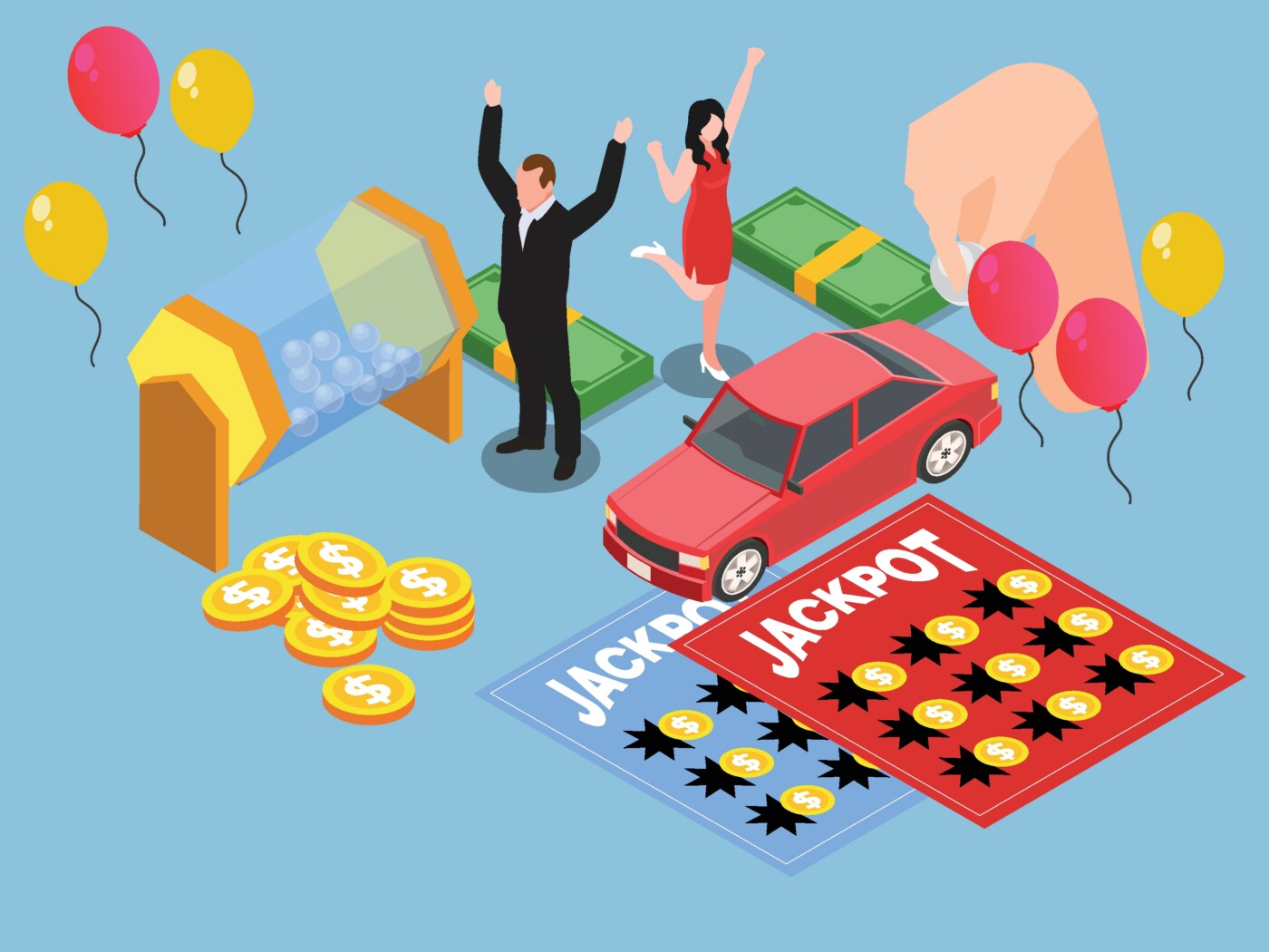 An illustration of lottery winners features two people with their arms raised in victory, lottery scratch-off tickets, a lottery ball machine, cash, coins, a car, and balloons.