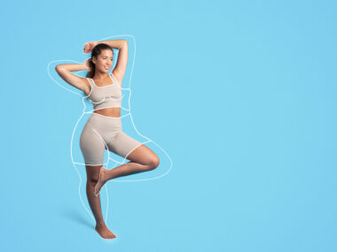 A slim woman in exercise wear is shown inside an outline of a larger body.